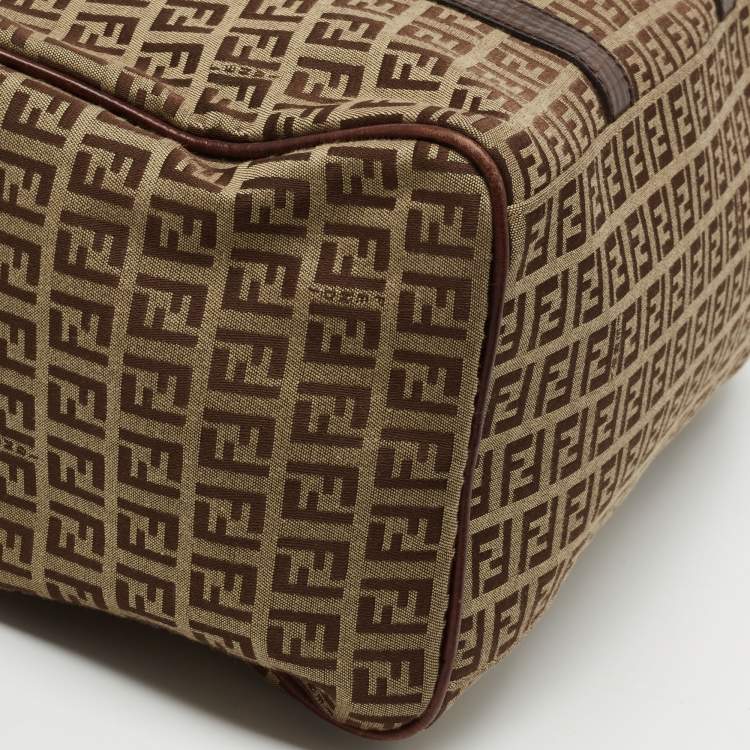 Pre Owned Fendi Brown Zucchino Canvas and Leather Forever Bauletto Boston Bag