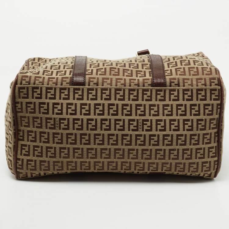Pre Owned Fendi Brown Zucchino Canvas and Leather Forever Bauletto Boston Bag
