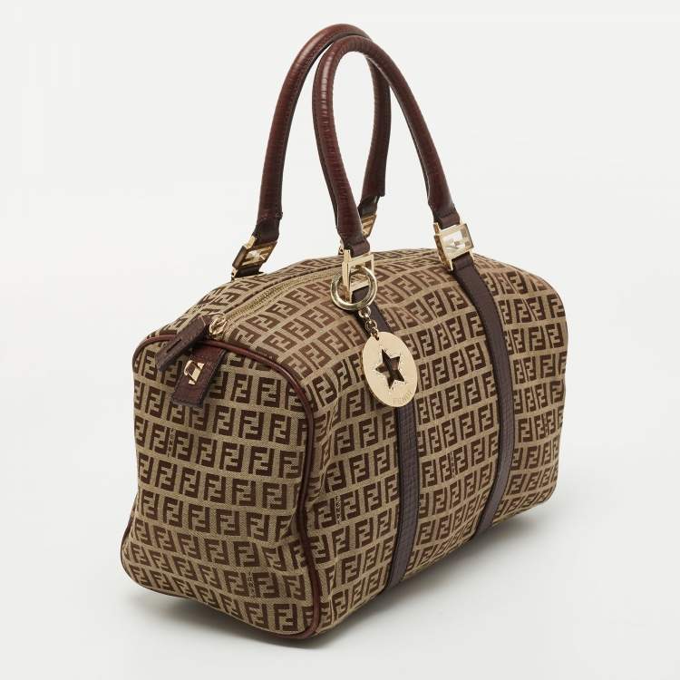Pre Owned Fendi Brown Zucchino Canvas and Leather Forever Bauletto Boston Bag