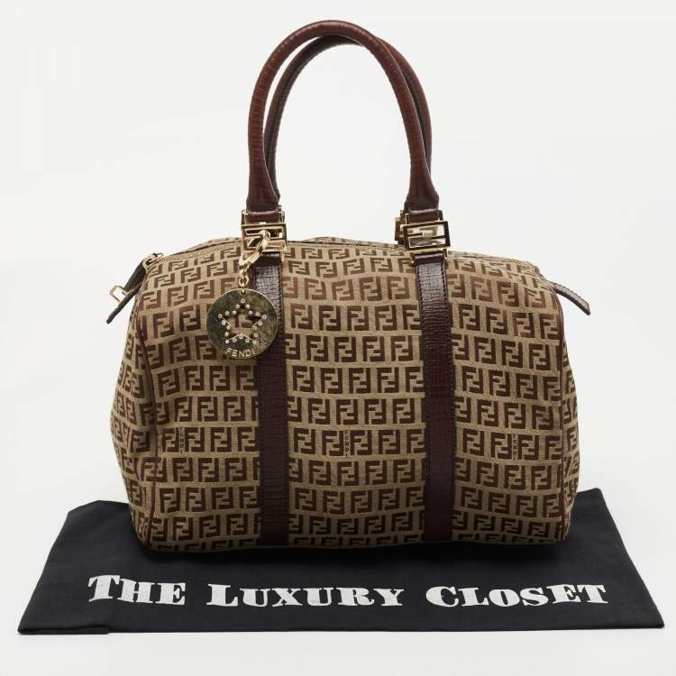 Pre Owned Fendi Brown Zucchino Canvas and Leather Forever Bauletto Boston Bag