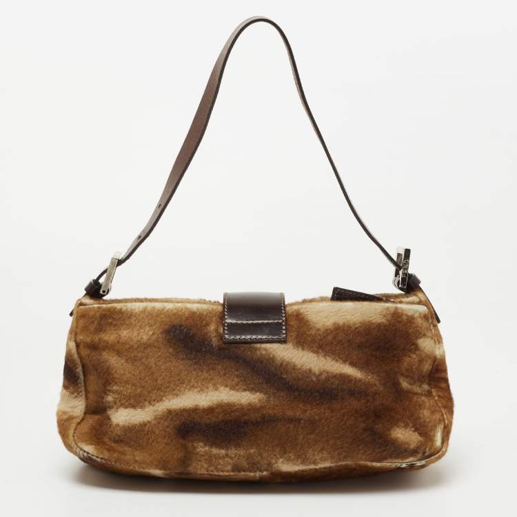 Pre Owned Fendi Brown/Beige Calfhair and Leather Baguette Bag