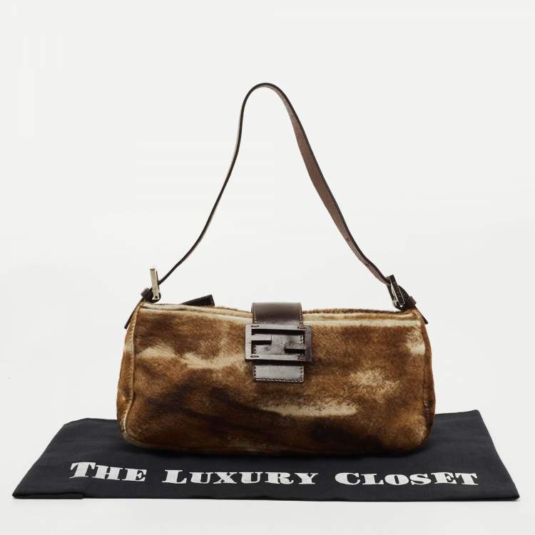 Pre Owned Fendi Brown/Beige Calfhair and Leather Baguette Bag