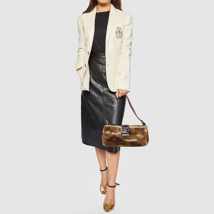 Pre Owned Fendi Brown/Beige Calfhair and Leather Baguette Bag