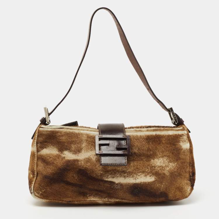 Pre Owned Fendi Brown/Beige Calfhair and Leather Baguette Bag