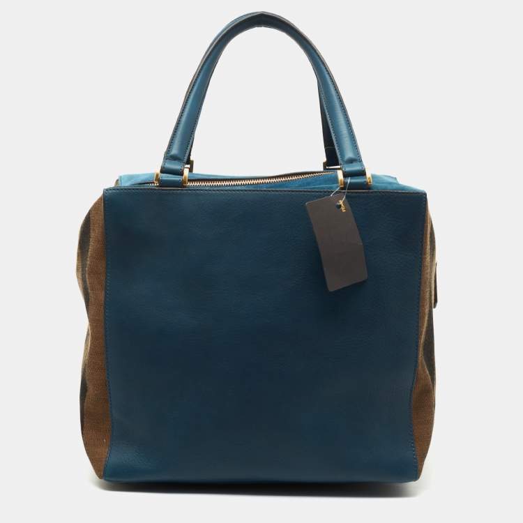 Pre Owned Fendi Blue/Brown Leather and Pequin Stripe Canvas Satchel