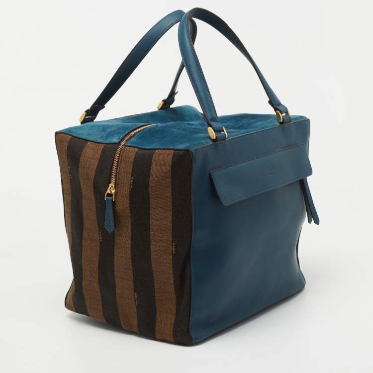 Pre Owned Fendi Blue/Brown Leather and Pequin Stripe Canvas Satchel
