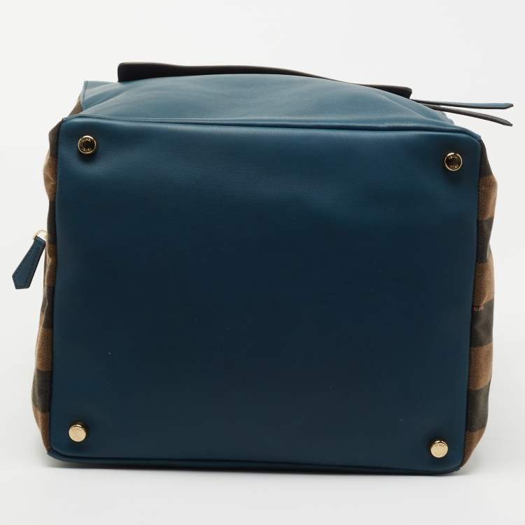 Pre Owned Fendi Blue/Brown Leather and Pequin Stripe Canvas Satchel