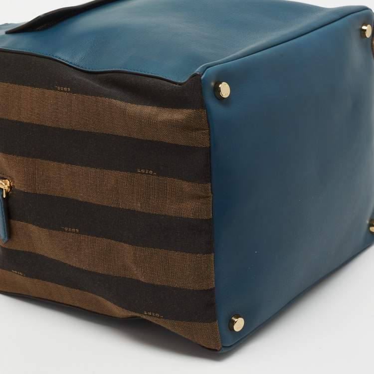 Pre Owned Fendi Blue/Brown Leather and Pequin Stripe Canvas Satchel