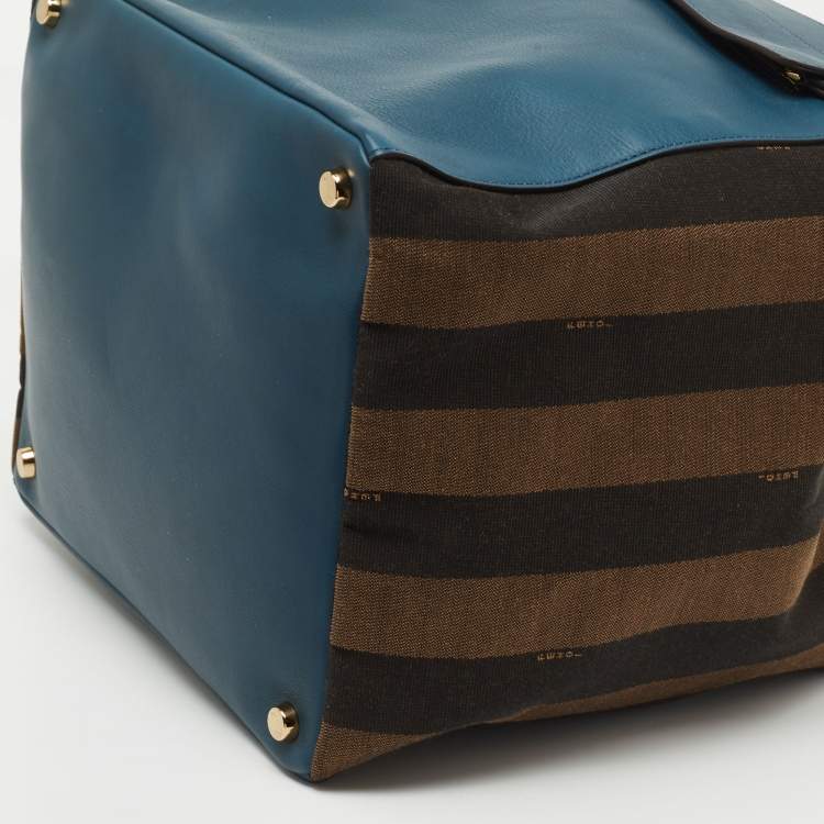 Pre Owned Fendi Blue/Brown Leather and Pequin Stripe Canvas Satchel