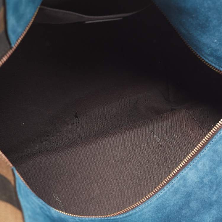 Pre Owned Fendi Blue/Brown Leather and Pequin Stripe Canvas Satchel