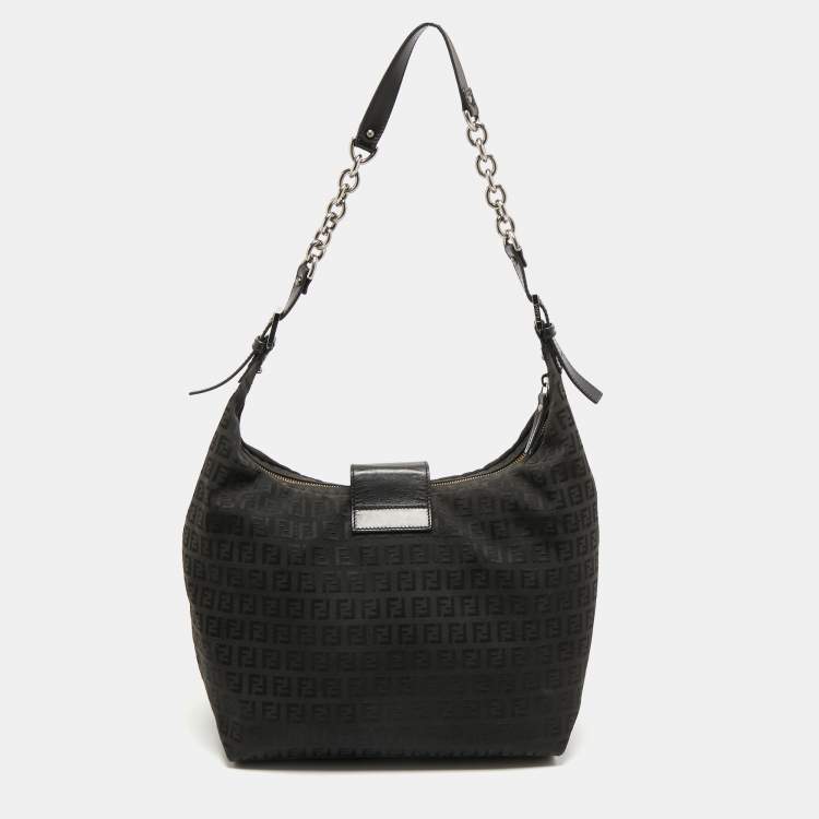 Pre Owned Fendi Black Zucca Canvas and Leather Hobo