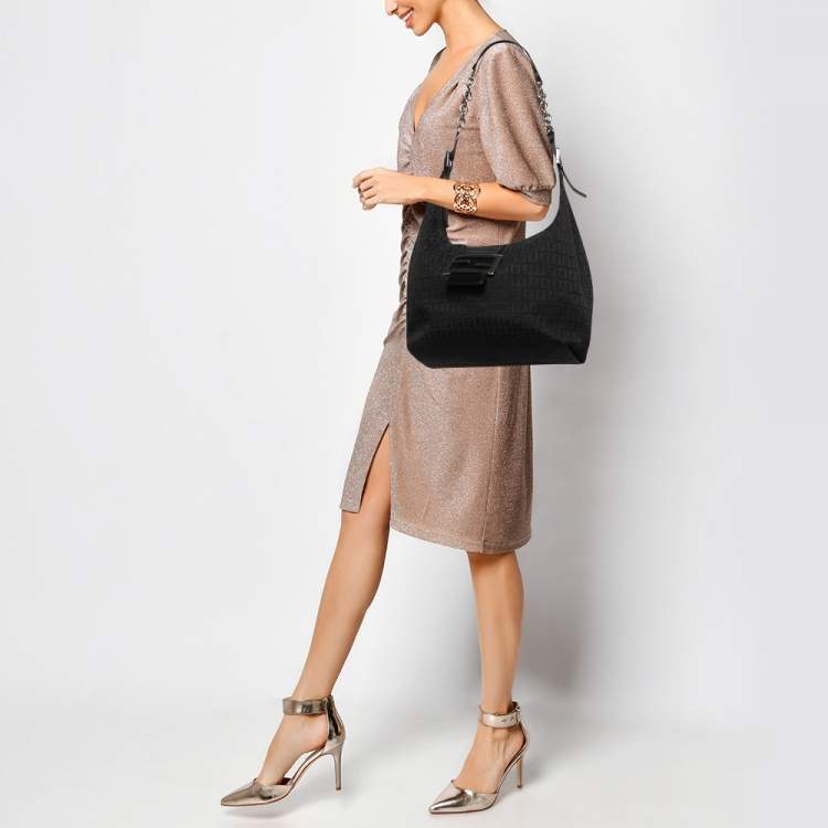 Pre Owned Fendi Black Zucca Canvas and Leather Hobo