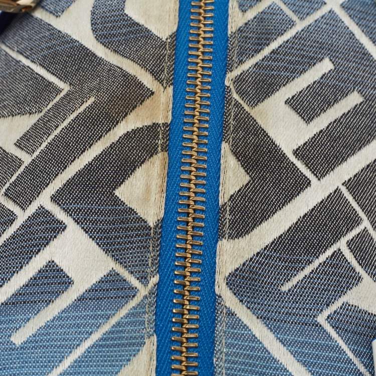 Pre Owned Fendi Blue/White Logo Print Canvas Boston Bag