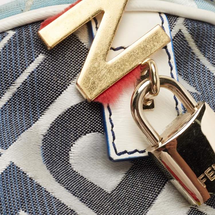 Pre Owned Fendi Blue/White Logo Print Canvas Boston Bag
