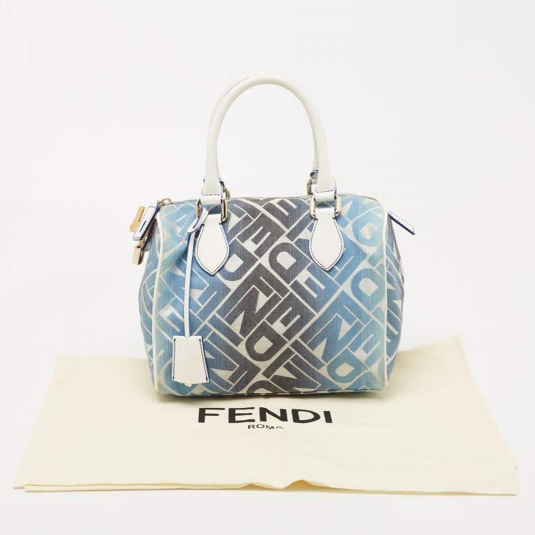 Pre Owned Fendi Blue/White Logo Print Canvas Boston Bag