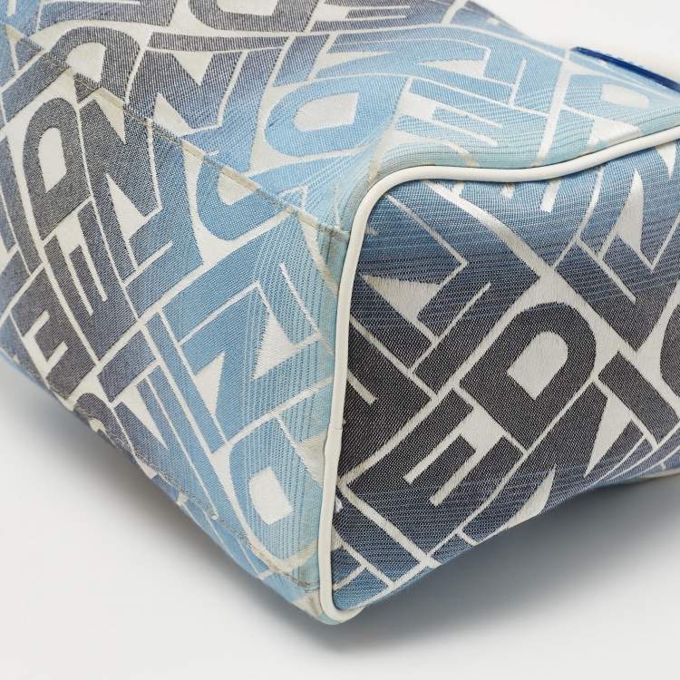 Pre Owned Fendi Blue/White Logo Print Canvas Boston Bag