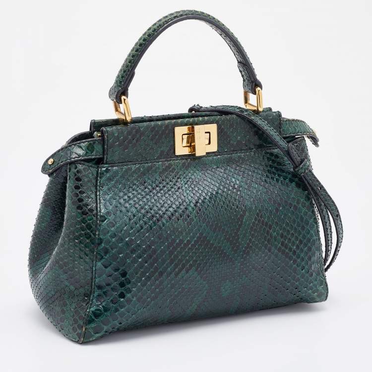 Pre Owned Fendi Green/Black Python Leather Mini Peekaboo Top Handle Bag