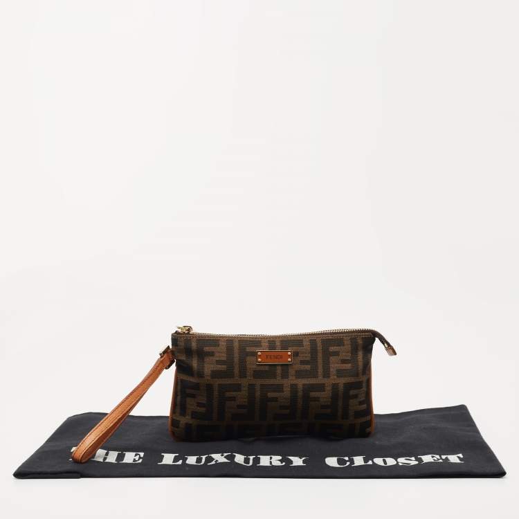 Pre Owned Fendi Beige/Brown Zucca Canvas and Leather Wristlet Pouch