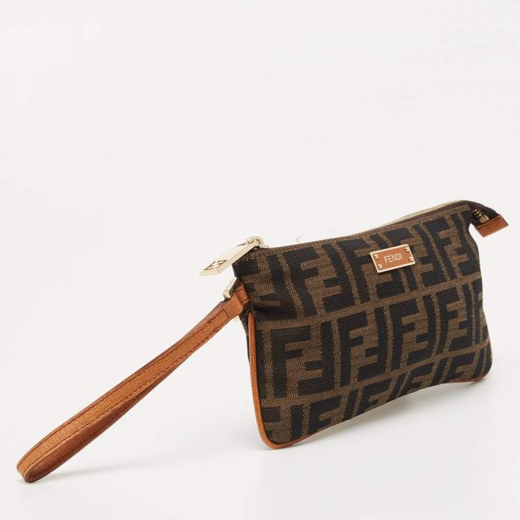 Pre Owned Fendi Beige/Brown Zucca Canvas and Leather Wristlet Pouch