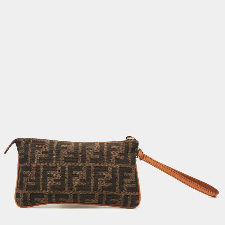 Pre Owned Fendi Beige/Brown Zucca Canvas and Leather Wristlet Pouch