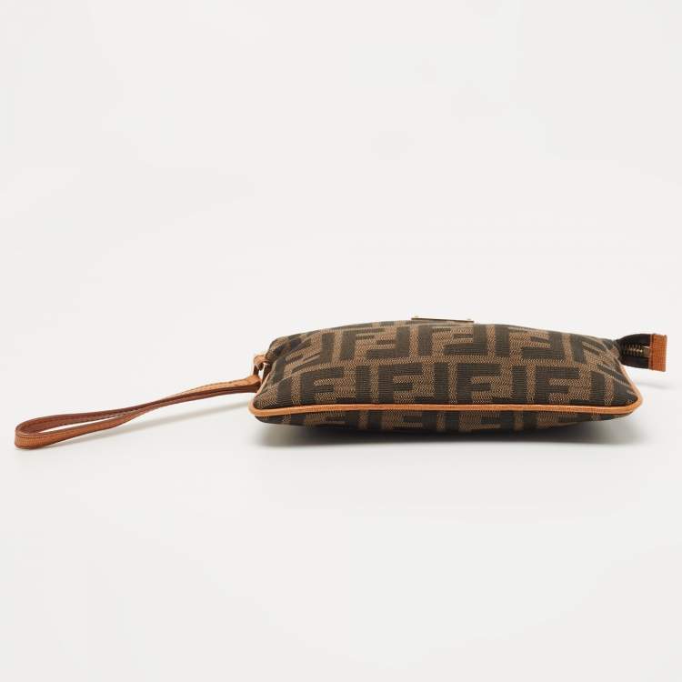 Pre Owned Fendi Beige/Brown Zucca Canvas and Leather Wristlet Pouch