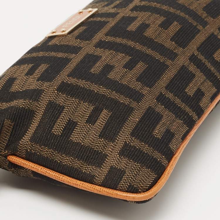 Pre Owned Fendi Beige/Brown Zucca Canvas and Leather Wristlet Pouch