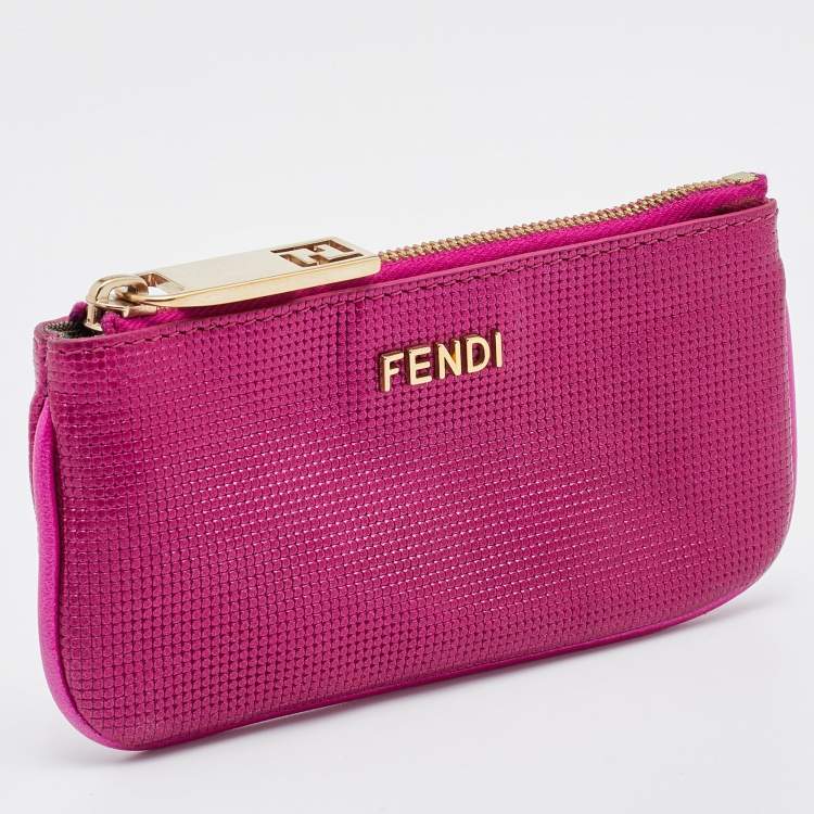 Pre Owned Fendi Metallic Pink Textured Leather Key Chain Zip Pouch