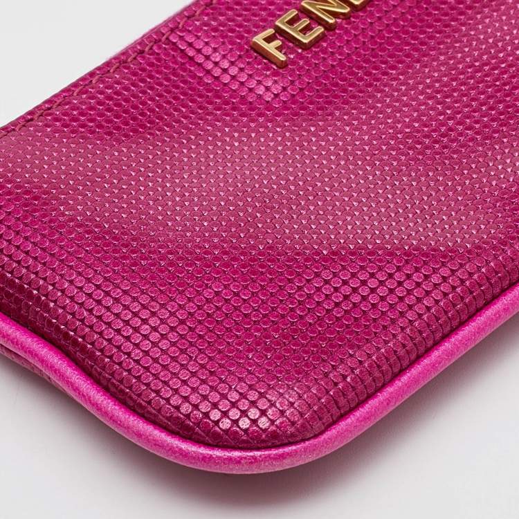 Pre Owned Fendi Metallic Pink Textured Leather Key Chain Zip Pouch