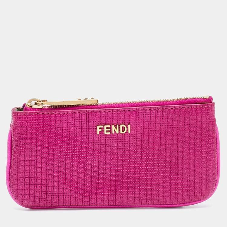 Pre Owned Fendi Metallic Pink Textured Leather Key Chain Zip Pouch