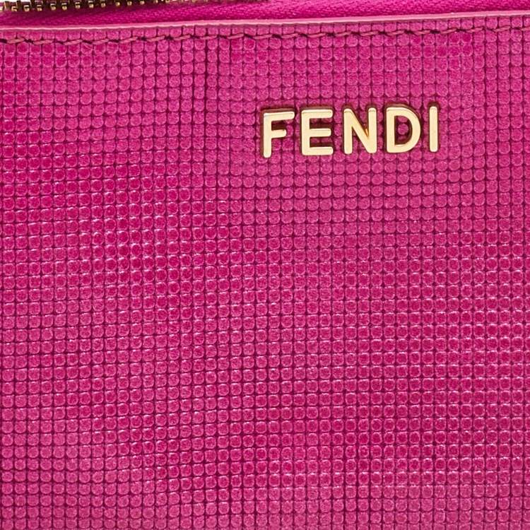 Pre Owned Fendi Metallic Pink Textured Leather Key Chain Zip Pouch
