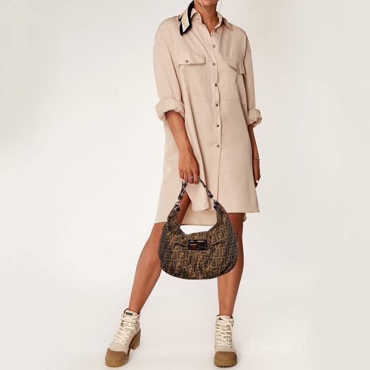 Pre Owned Fendi Brown Zucca Canvas and Patent Leather Mia Hobo