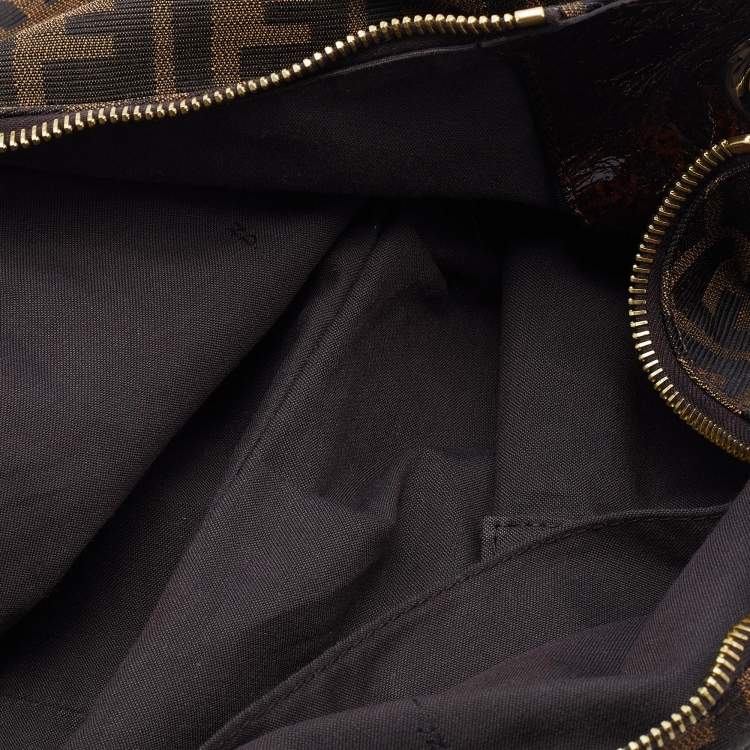 Pre Owned Fendi Brown Zucca Canvas and Patent Leather Mia Hobo