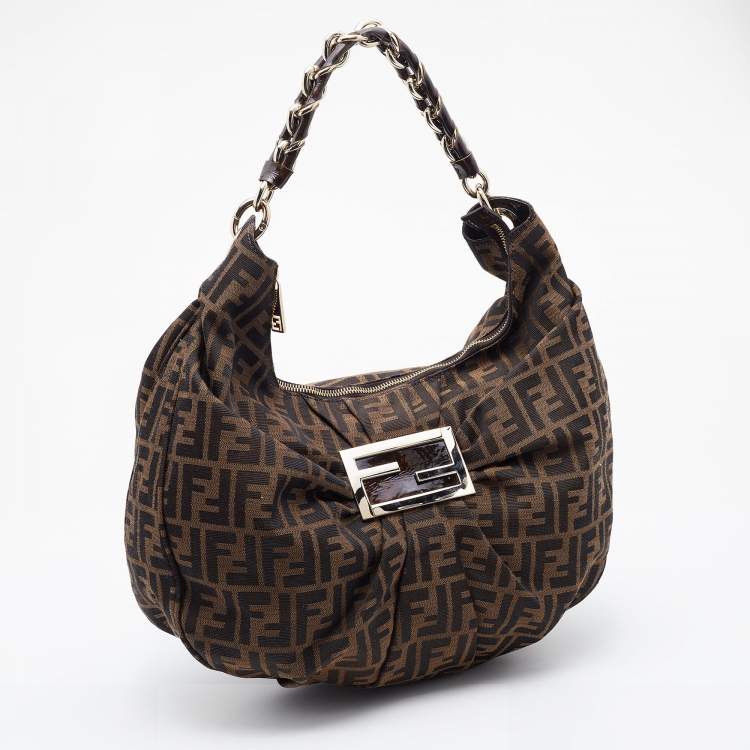 Pre Owned Fendi Brown Zucca Canvas and Patent Leather Mia Hobo