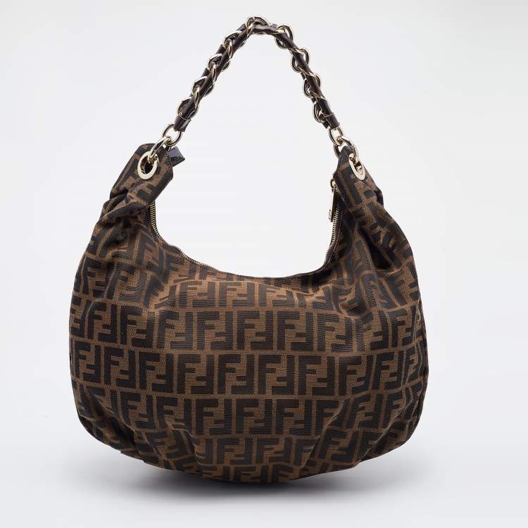 Pre Owned Fendi Brown Zucca Canvas and Patent Leather Mia Hobo