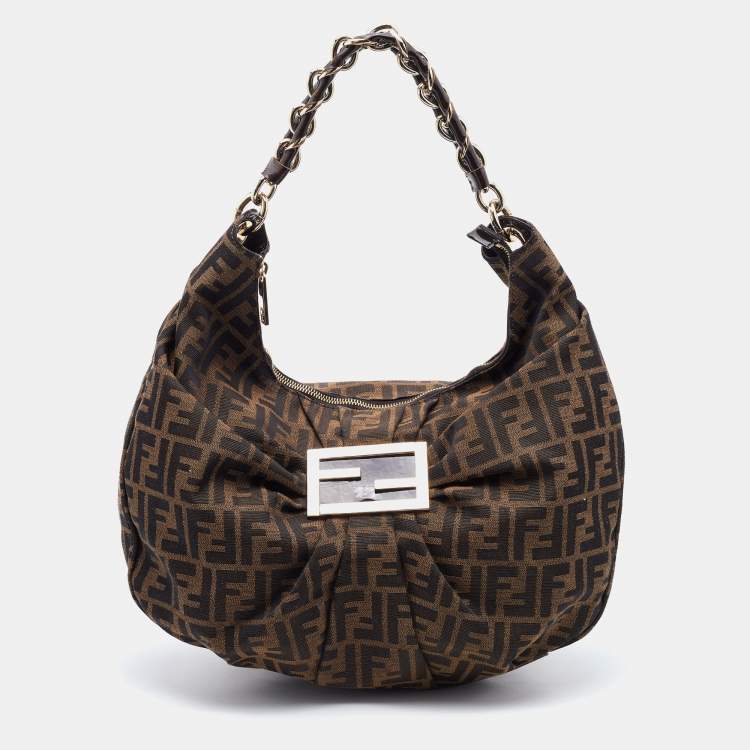 Pre Owned Fendi Brown Zucca Canvas and Patent Leather Mia Hobo
