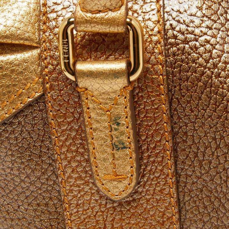Pre Owned Fendi Gold Pebbled Leather Media Boston Bag