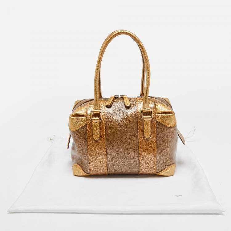 Pre Owned Fendi Gold Pebbled Leather Media Boston Bag