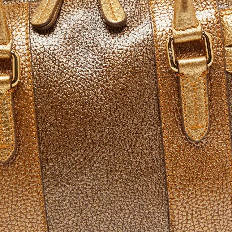 Pre Owned Fendi Gold Pebbled Leather Media Boston Bag