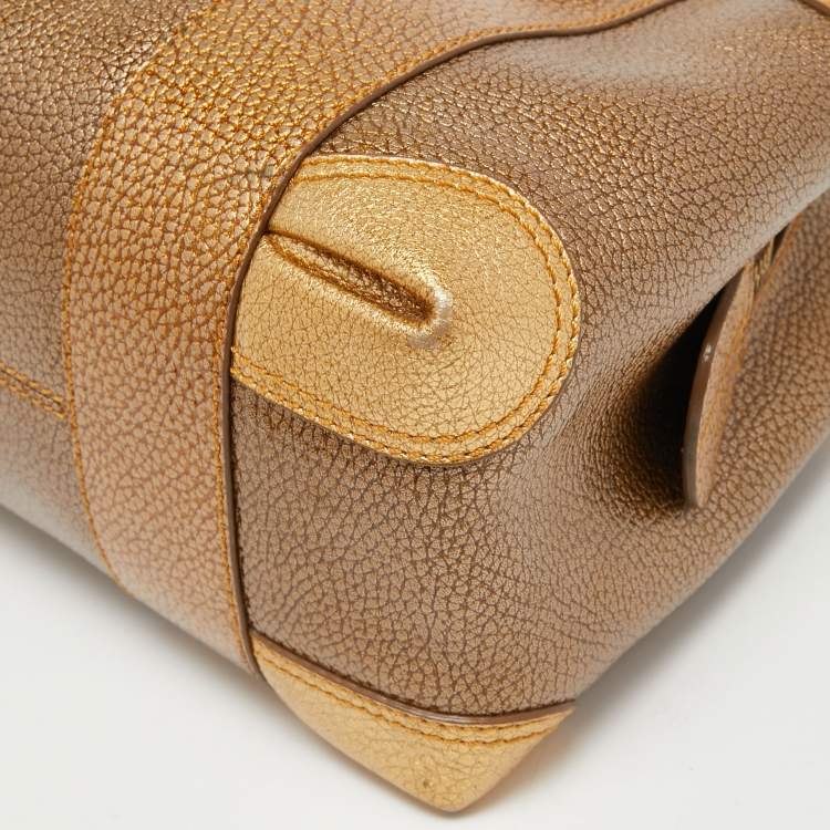 Pre Owned Fendi Gold Pebbled Leather Media Boston Bag