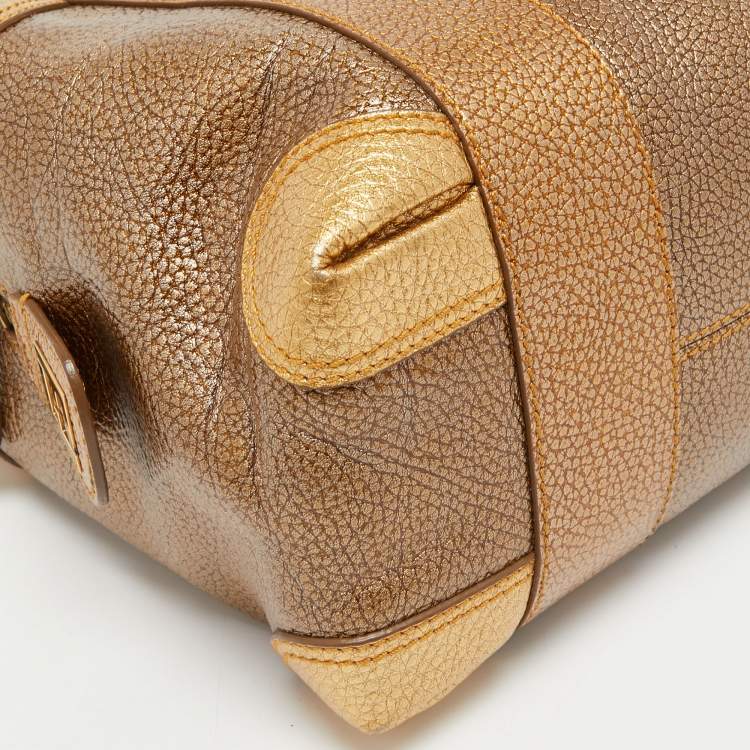 Pre Owned Fendi Gold Pebbled Leather Media Boston Bag