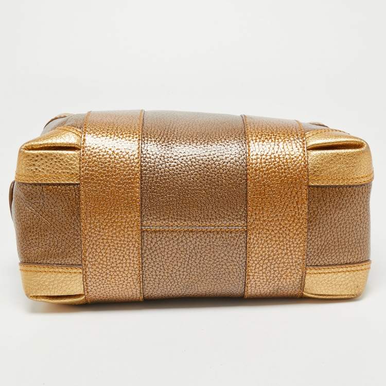 Pre Owned Fendi Gold Pebbled Leather Media Boston Bag