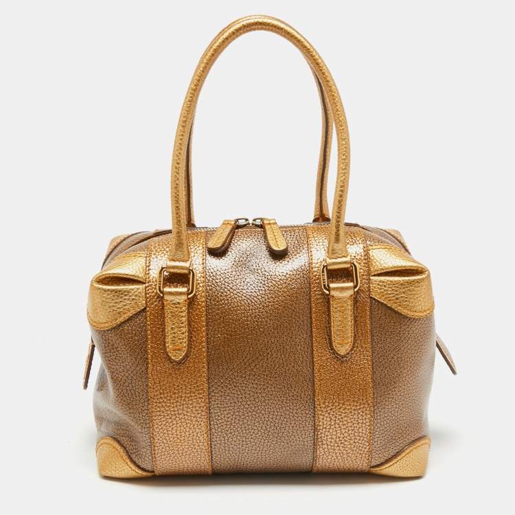 Pre Owned Fendi Gold Pebbled Leather Media Boston Bag
