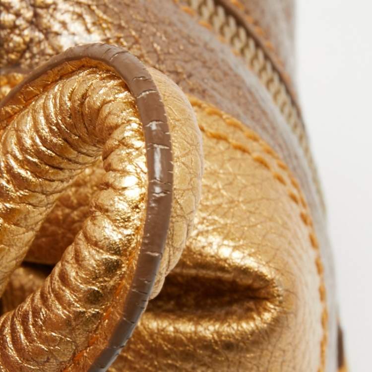 Pre Owned Fendi Gold Pebbled Leather Media Boston Bag