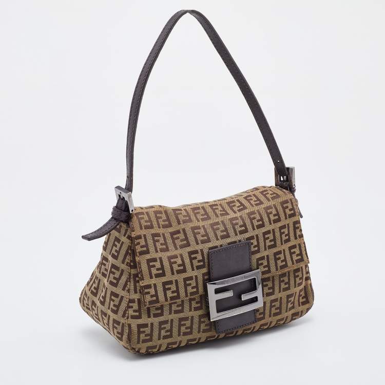 Pre Owned Fendi Brown Zucchino Canvas and Leather Baguette Bag