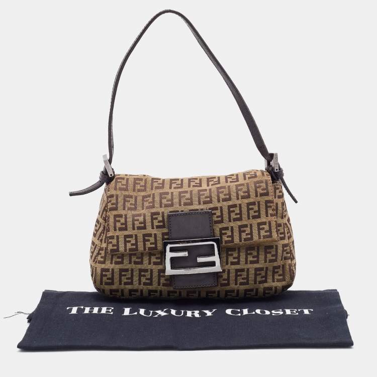 Pre Owned Fendi Brown Zucchino Canvas and Leather Baguette Bag