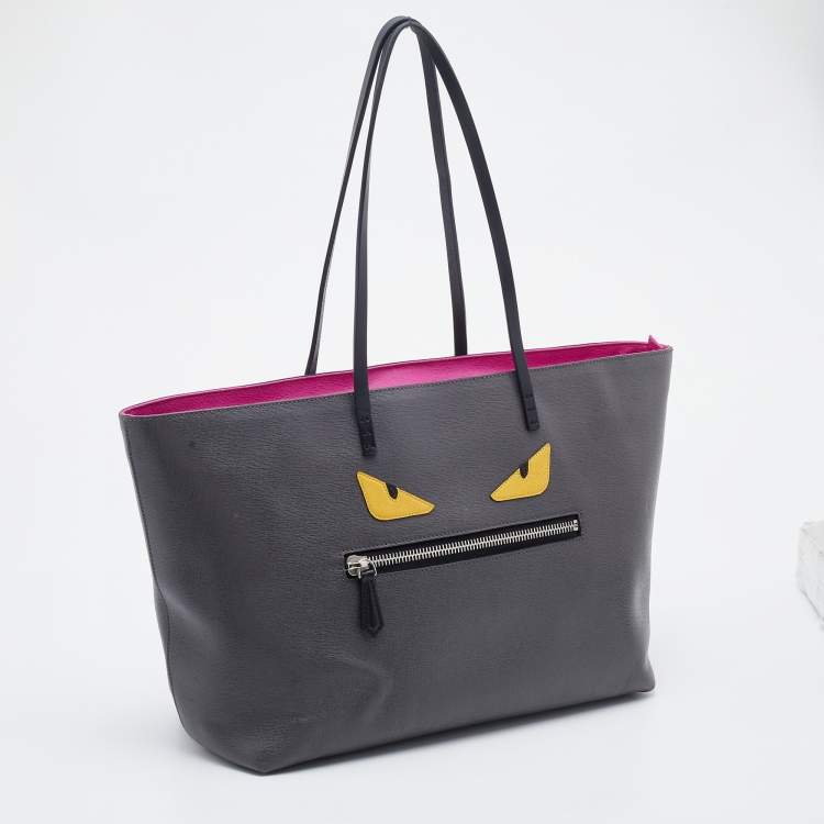 Pre Owned Fendi Grey/Fuchsia Leather Monster Roll Tote