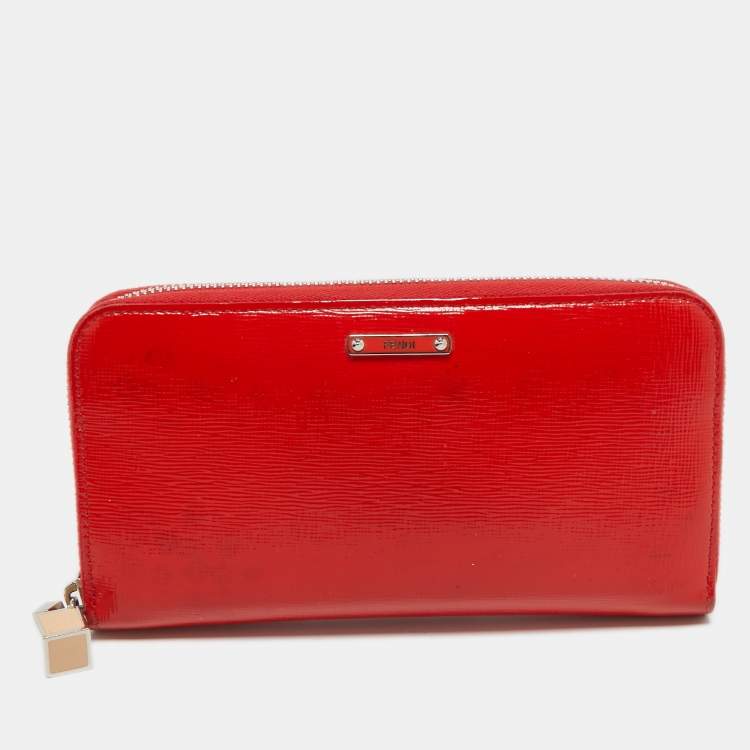 Pre Owned Fendi Red Patent Leather Zip Around Continental Wallet