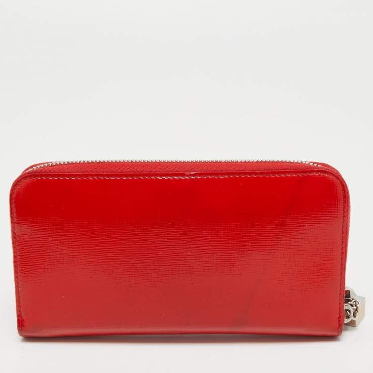 Pre Owned Fendi Red Patent Leather Zip Around Continental Wallet