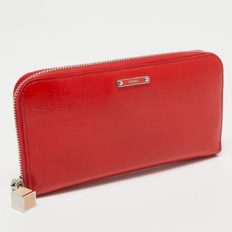 Pre Owned Fendi Red Patent Leather Zip Around Continental Wallet