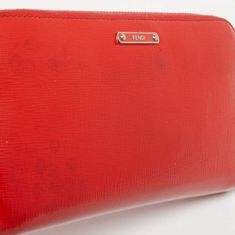 Pre Owned Fendi Red Patent Leather Zip Around Continental Wallet